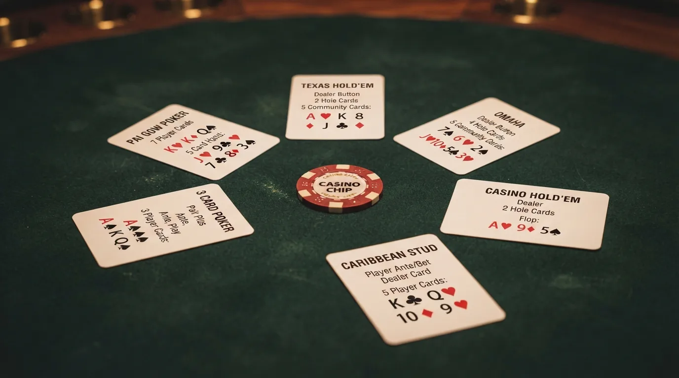 Übersichtsgrafik der sechs Poker-Spieltypen mit Regeln, Gegnern und Spielmechanik