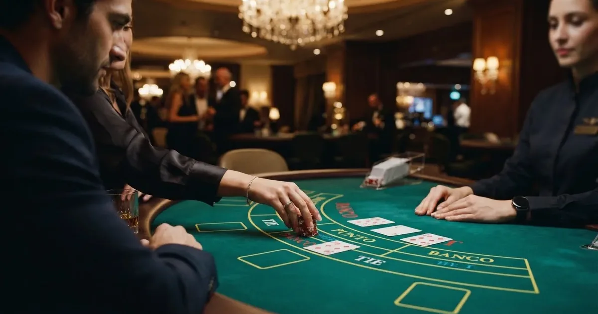 Ein Punto-Banco-Spieltisch mit Karten, Chips und den Einsatzfeldern Punto, Banco und Unentschieden