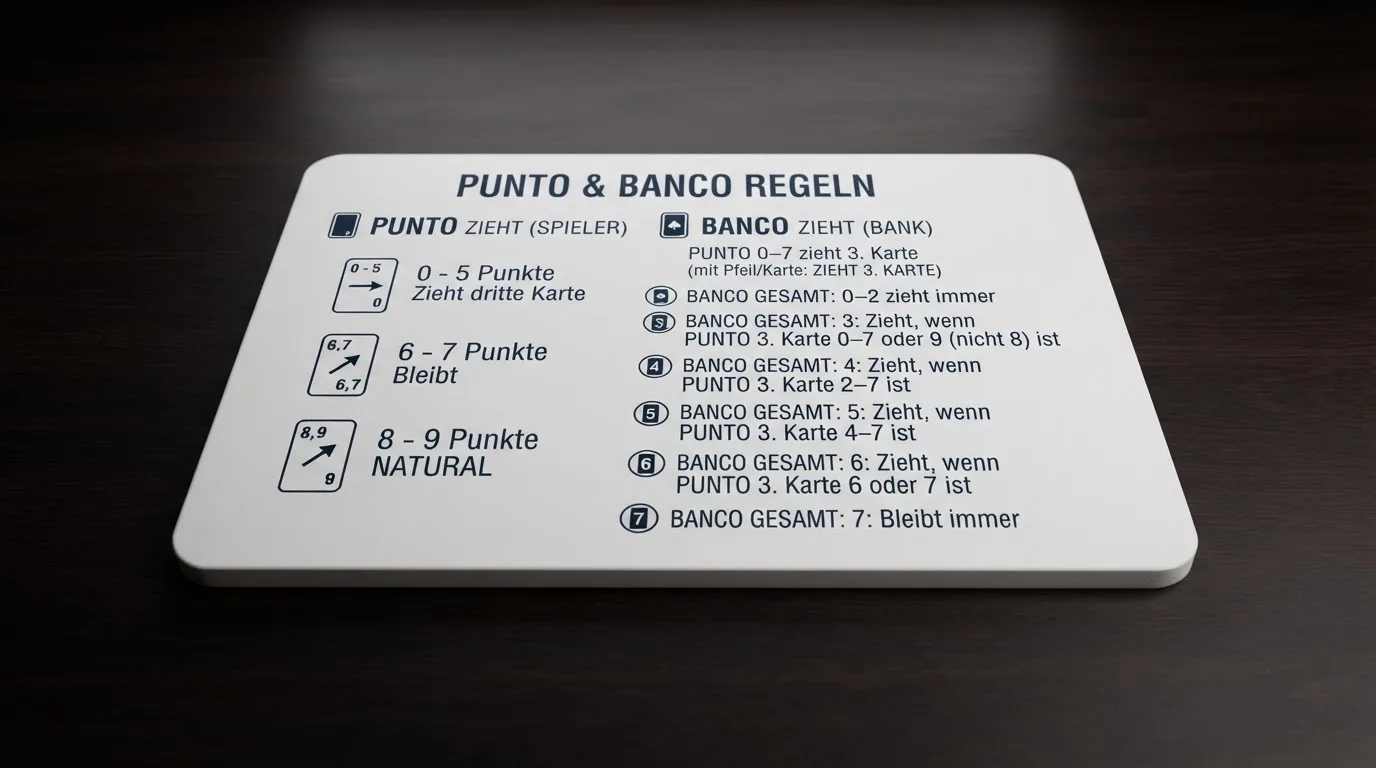 Die Ziehungsregeln des Tableaus als übersichtliches Schema mit den Bedingungen für Punto und Banco