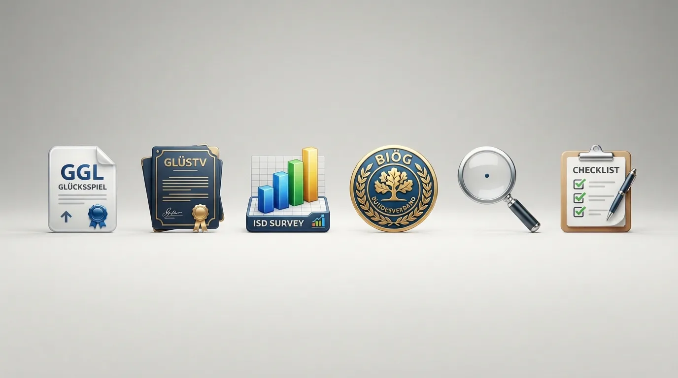 Die genutzten Quellen als Icon-Leiste: GGL-Logo, GlüStV-Text, ISD-Survey, BIÖG — mit Lupensymbol