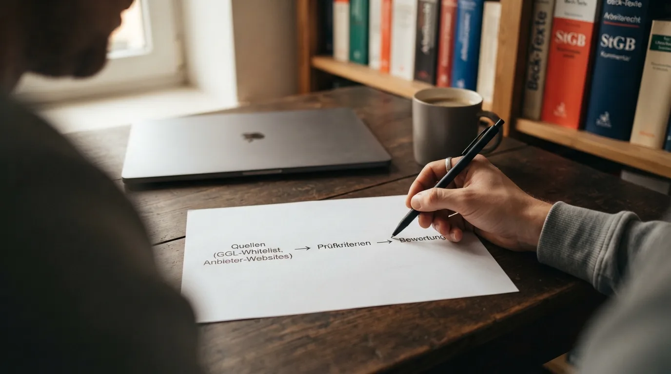 Prozessgrafik: Quellen (GGL-Whitelist, Anbieter-Websites) → Prüfkriterien → Bewertung