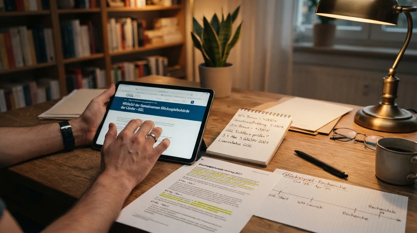 Schreibtisch mit Recherche-Unterlagen, Tablet mit GGL-Whitelist, Gesetzestext und Taschenrechner