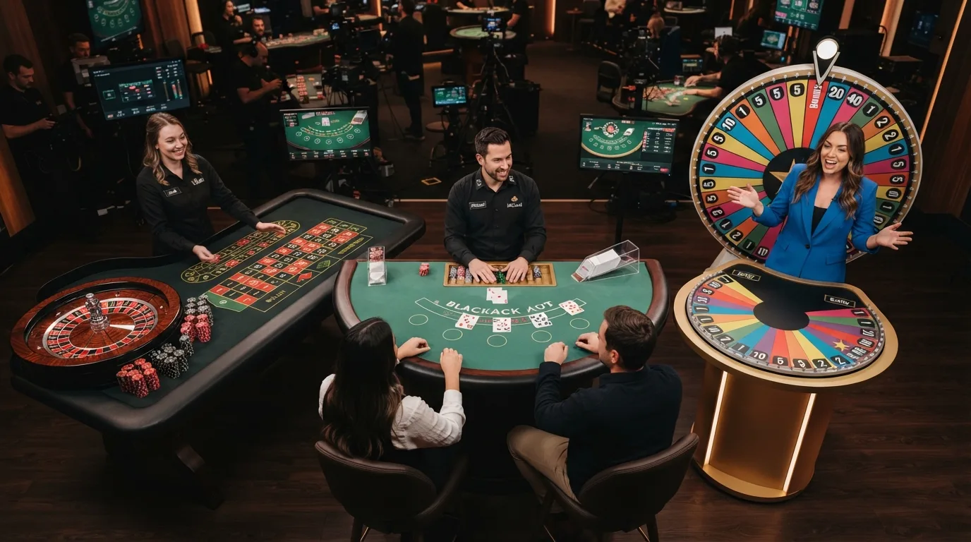 Drei Live-Tische nebeneinander: Roulette-Kessel, Blackjack-Tisch und ein Glücksrad einer Game Show – das Spektrum der Live-Dealer-Spiele