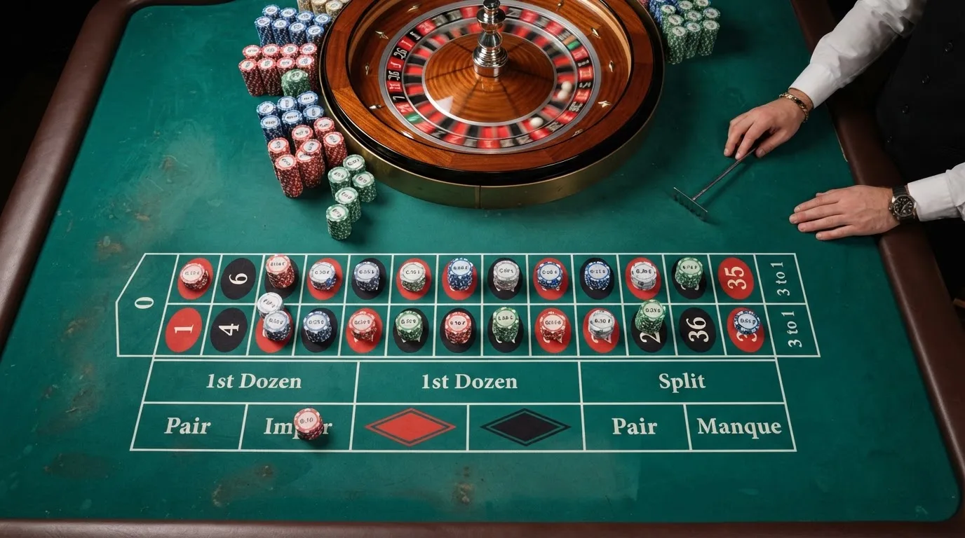 Ein Online-Roulette-Tisch mit sichtbaren Chips im Cent-Bereich
