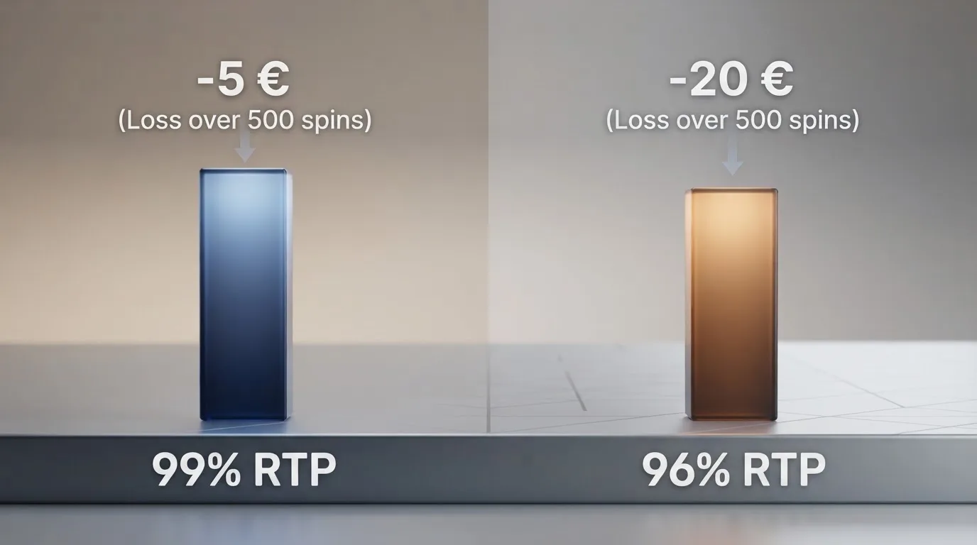 Zwei Balken mit 99 Prozent vs. 96 Prozent RTP und Euro-Erwartungswerten bei 500 Spins