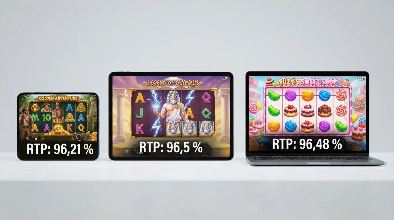 Drei Slot-Screenshots mit RTP-Prozentangabe für Book of Dead, Gates of Olympus und Sweet Bonanza