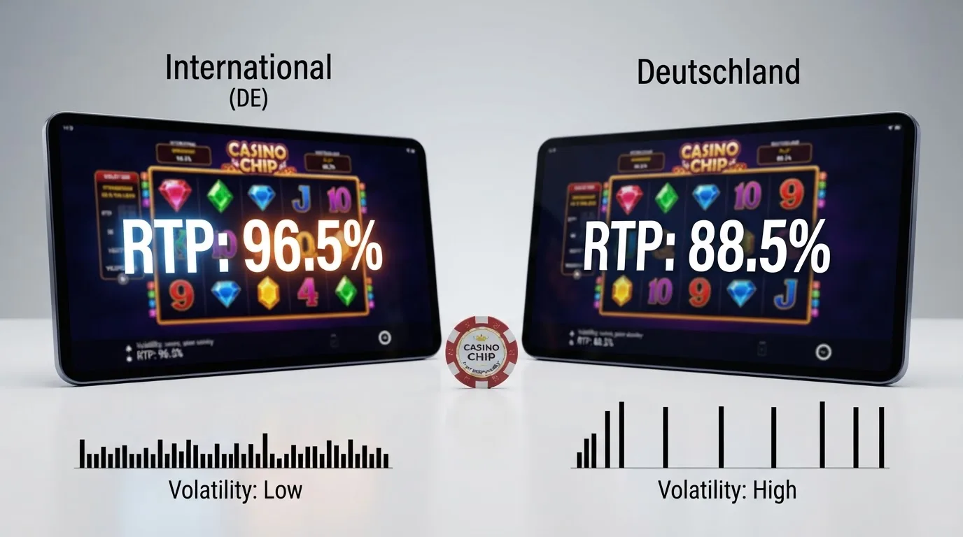 Zwei Slot-Bildschirme mit internationaler und deutscher RTP im Vergleich