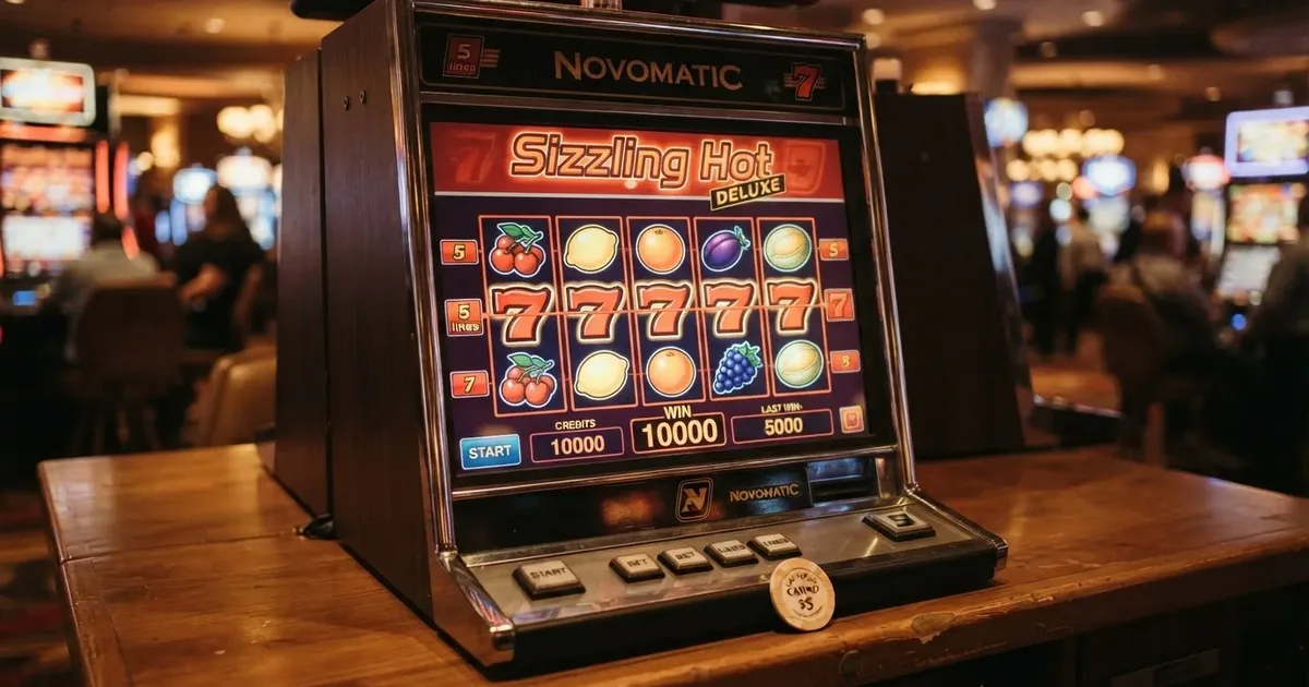 Sizzling Hot Spielautomat mit Früchtesymbolen und roter Sieben, hero