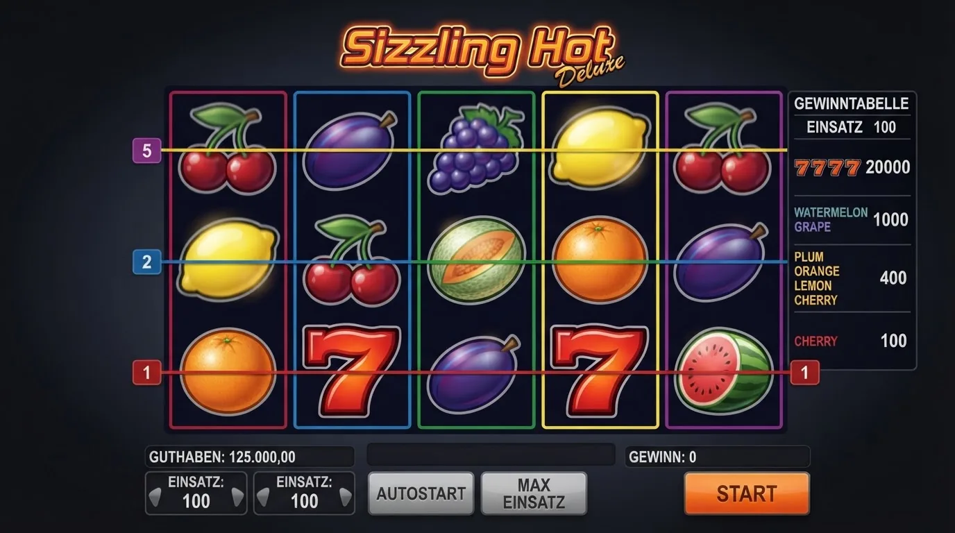 Sizzling Hot Deluxe Walzen mit Gewinntabelle und fünf Gewinnlinien