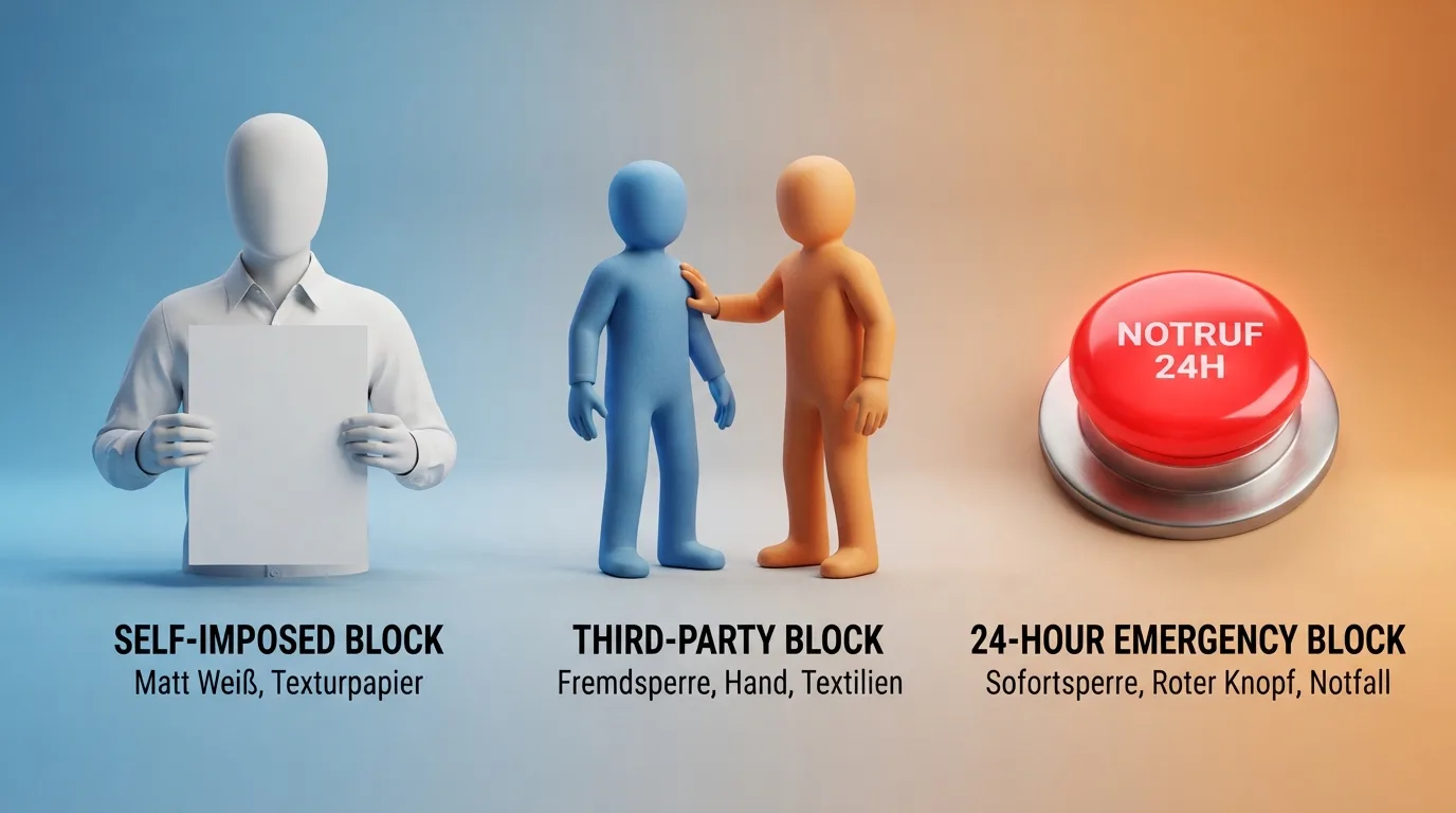 Drei Symbole nebeneinander: Person mit Formular, Person mit Drittem, Panikbutton