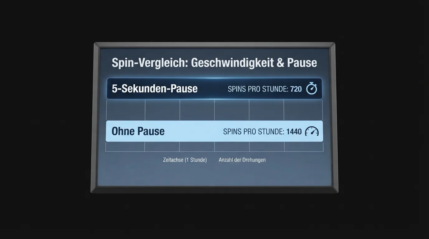 Infografik: ein Slot-Spin mit Zeitstrahl – 2,5 Sekunden vs. 5 Sekunden Pause, darunter Spins pro Stunde im Vergleich