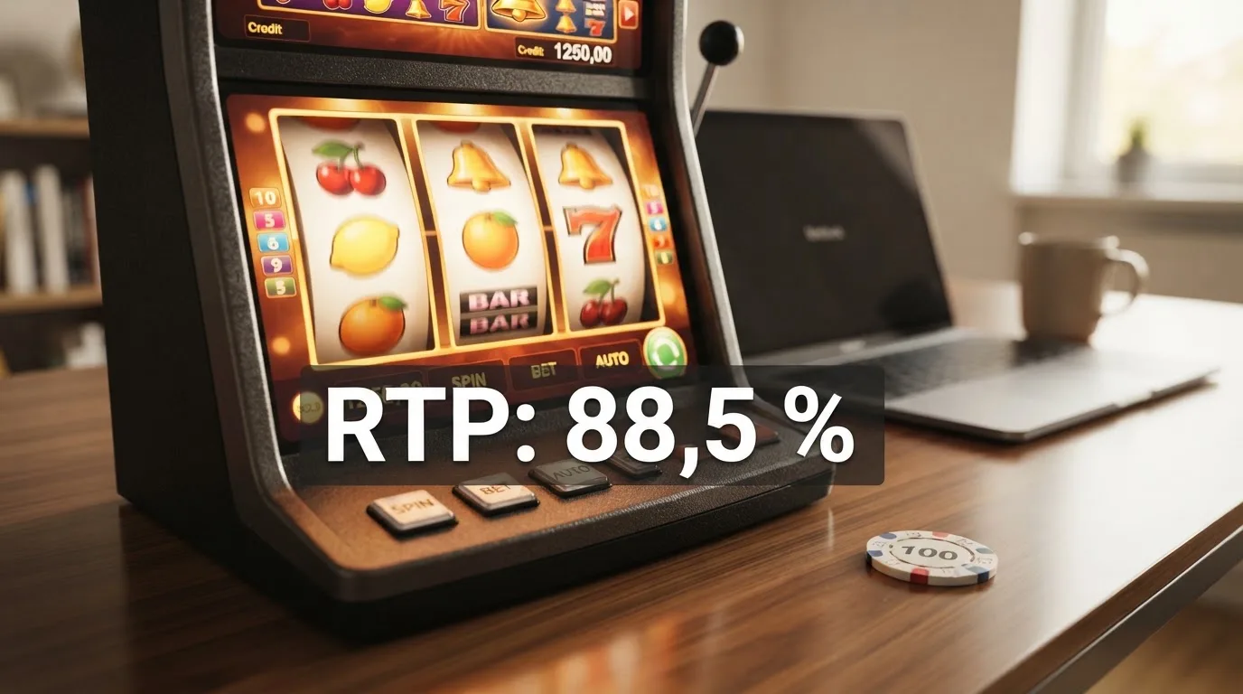 Slot-Spielfeld mit eingeblendeter RTP-Prozentzahl und Euro-Bezug
