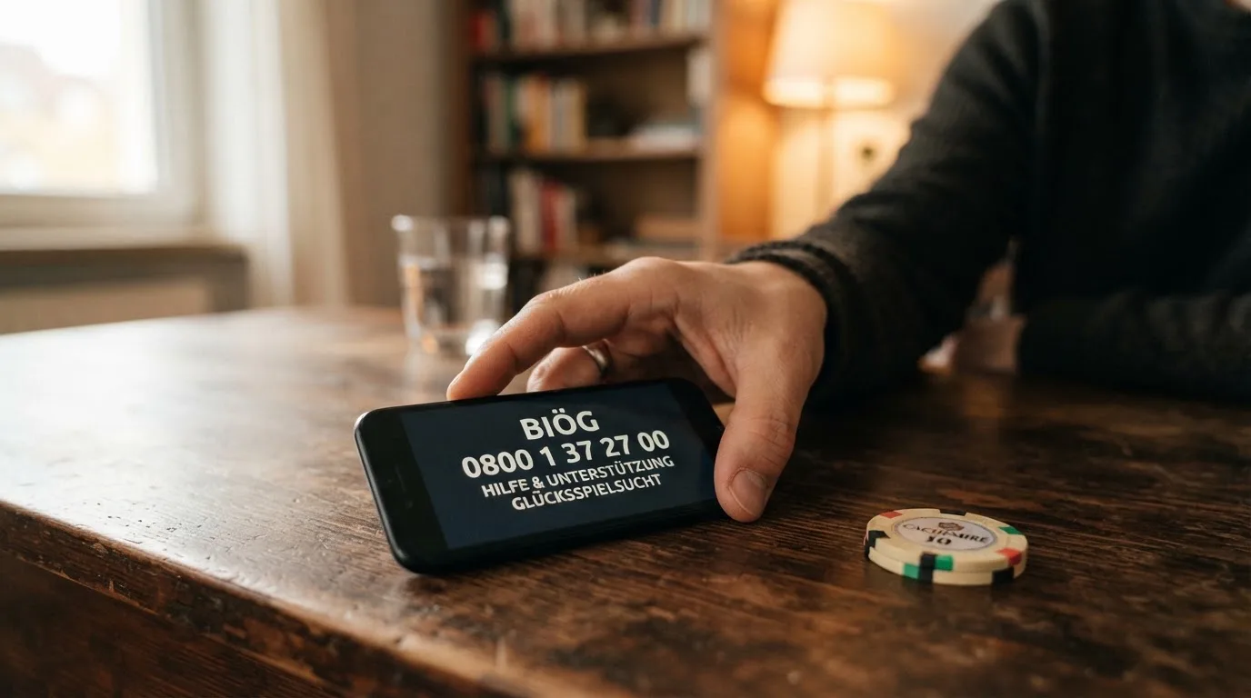 BIÖG-Logo und Telefonnummer auf Hilfetelefon-Darstellung, Beratungshotline für Spieler