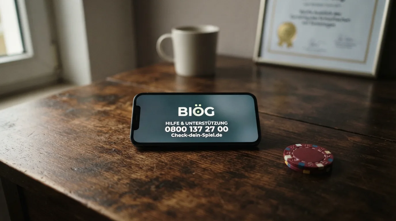 Infografik: BIÖG-Logo, Telefonnummer 0800 137 27 00, Check-dein-Spiel.de-Logo und Selbsttest-Icon