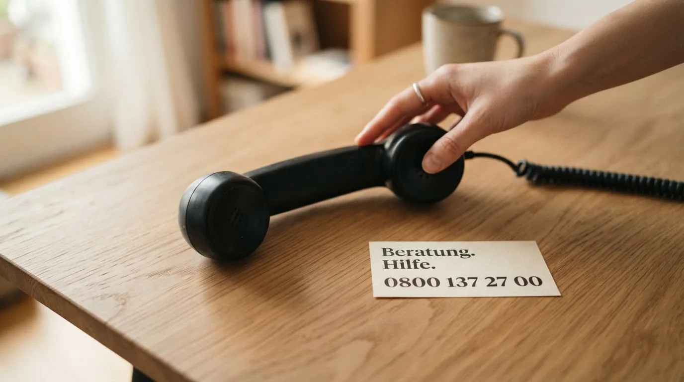 Telefonhörer neben Beratungsnummer sowie ruhigen Symbolen für Selbsthilfe und Spielpause