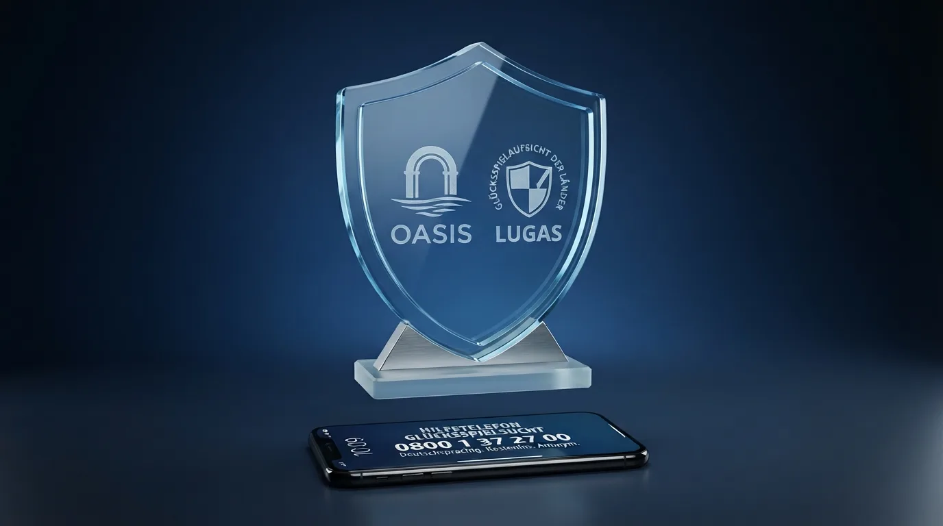 Schaubild der deutschen Spielerschutz-Instrumente OASIS und LUGAS mit Hilfetelefon-Nummer