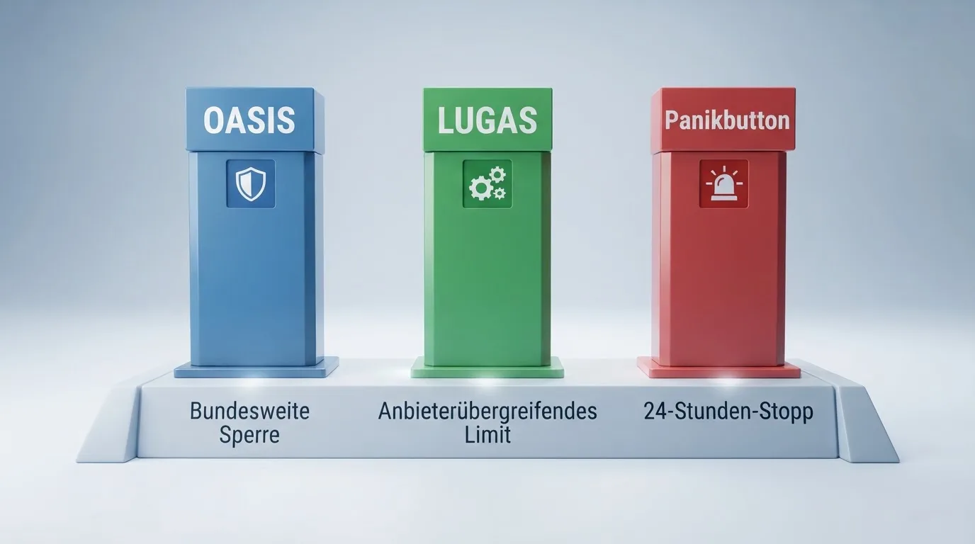 Infografik der drei Schutzsysteme OASIS, LUGAS und Panikbutton als Säulen des deutschen Marktes