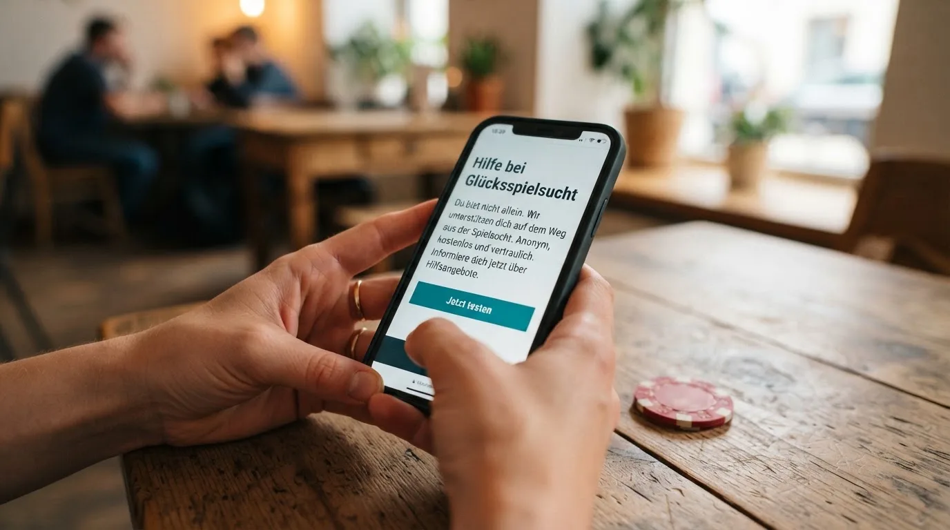 Hinweisschild mit BZgA-Hotline-Nummer und „Check Dein Spiel“-Logo