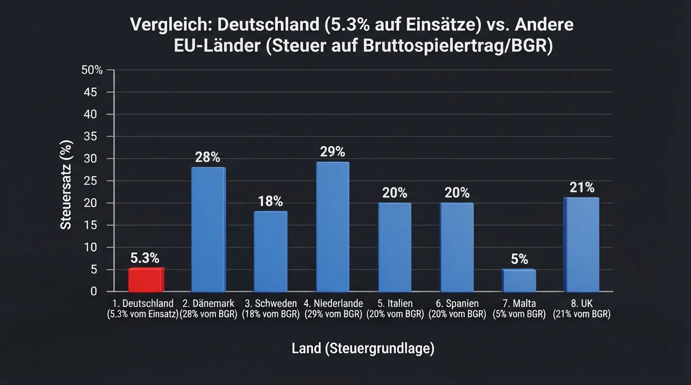 Balkendiagramm: Deutschland (5,3 % auf Einsatz) vs. andere EU-Länder (Besteuerung auf GGR)