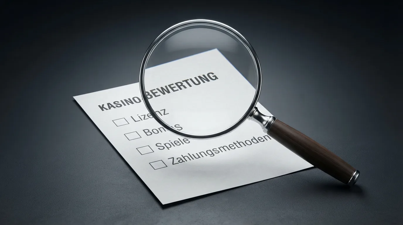 Prüfkriterien als übersichtliche Grafik – Lupe über einer Casino-Website mit Checkliste