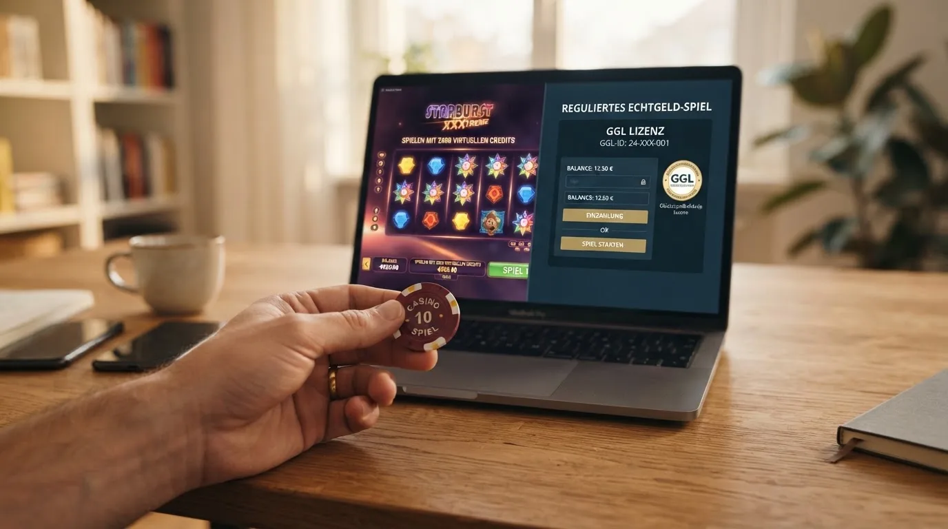Symbolischer Weg vom Demo-Bildschirm mit Spielgeld zum Echtgeld-Bildschirm mit GGL-Siegel