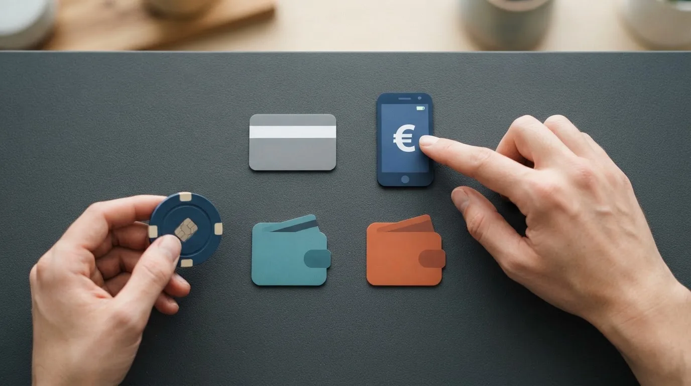 Grid mit Logos von Paysafecard, Krypto-Wallets, Skrill, Neteller gruppiert nach Anonymitätsstufen