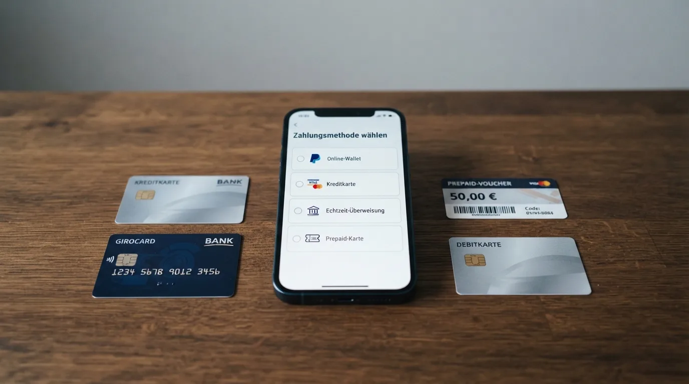 Zahlungslogos von PayPal, Karten, Trustly und weiteren zugelassenen Wegen